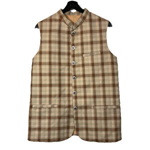 Tan Brown Plaid Nehru Waistcoat Gilet Jacket Vest 40 Gray Buttons Vintage